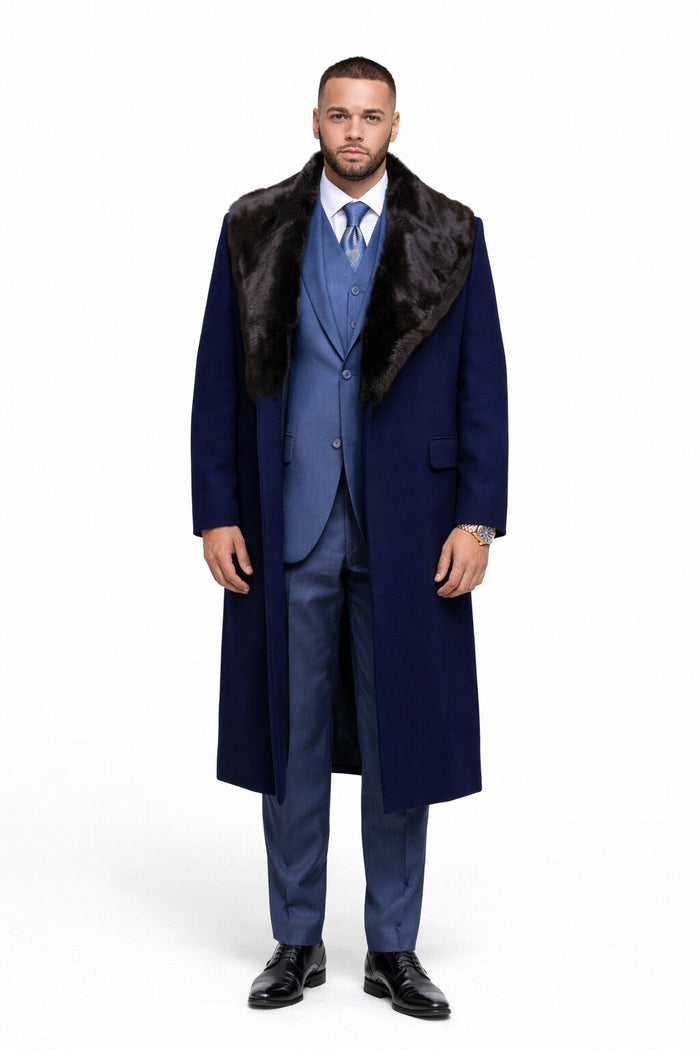 Dark Navy Blue Overcoat ~ Long Men's Dress Topcoat -  Winter coat With Fur Collar in and Fabric