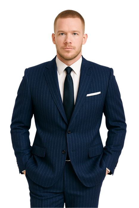 Dark Navy Wide Pinstripe 2 Button Men's Suit - Dark Blue Suit