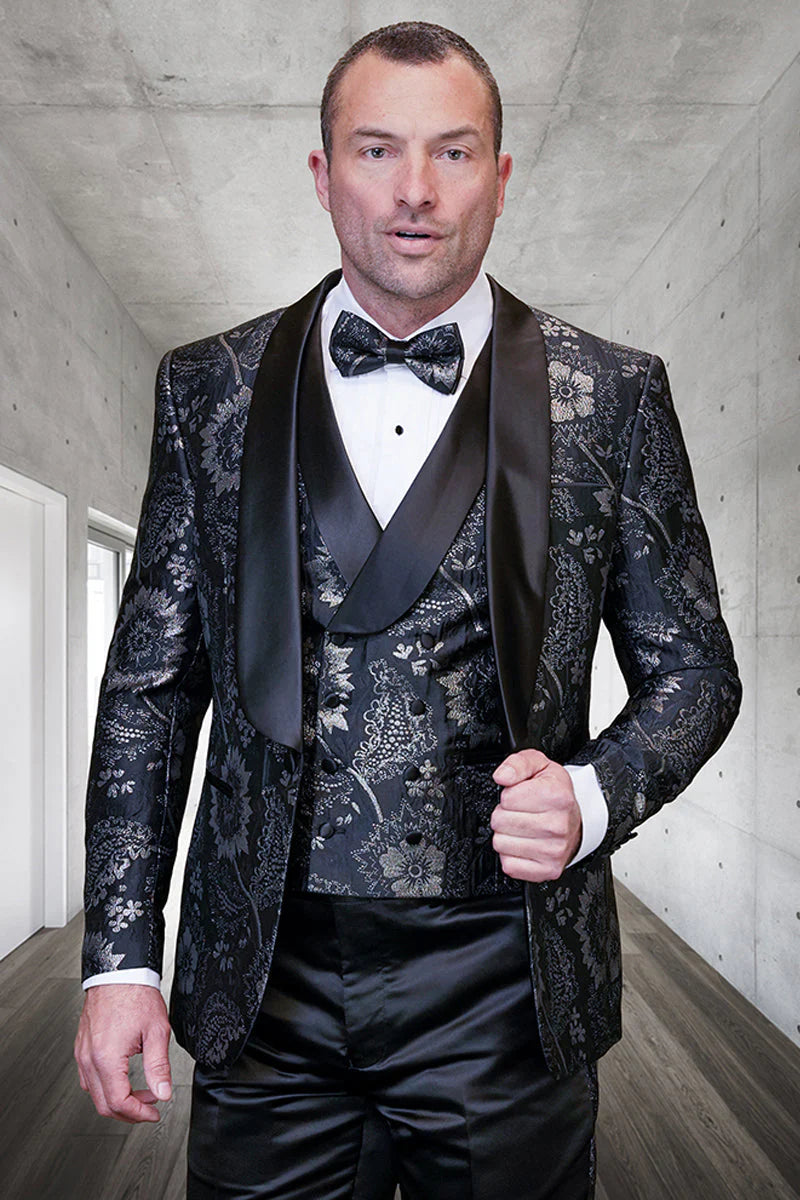 Mensusa Men's black paisley lace print vested tuxedo for prom & wedding with s ...