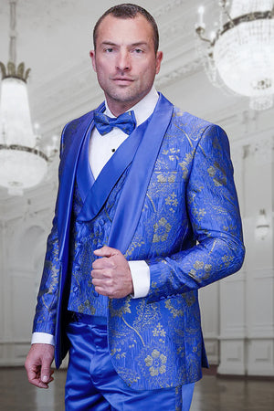 Men's royal blue paisley lace print tuxedo with double breasted vest – prom & wedding suit