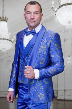 Men's royal blue paisley lace print tuxedo with double breasted vest – prom & wedding suit