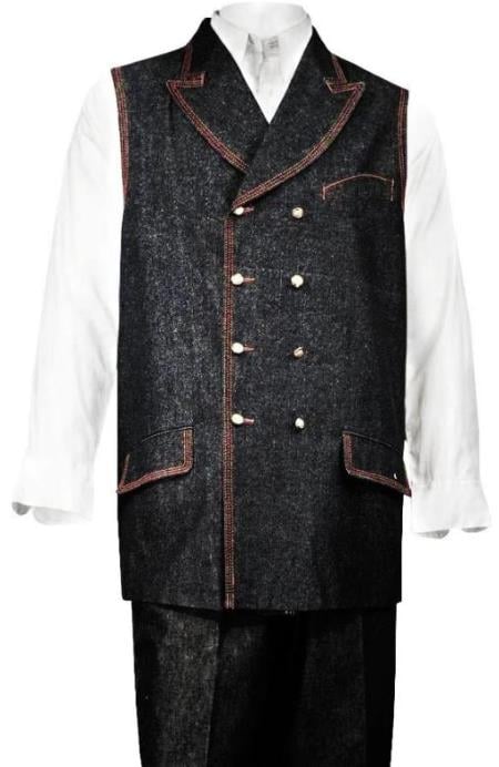 Denim Mens Double Breasted Vest + Denim Jean Black - Men's Denim 2 piece Set