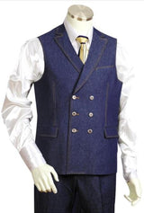 Denim Mens Double Breasted Vest + Denim Jean Blue - Men's Denim 2 piece Set