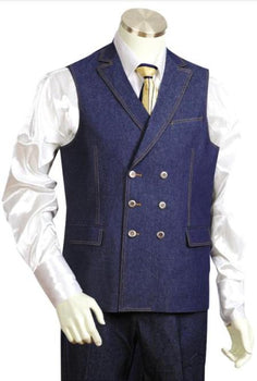 Denim Mens Double Breasted Vest + Denim Jean Blue - Men's Denim 2 piece Set