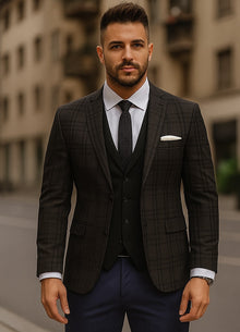 Designer Brand Men'S Plaid Slim Fit Charcoal Vested Blazer Dinner Jacket