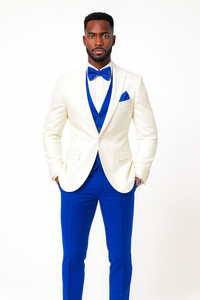 White and Royal Blue Tuxedo Wedding Suit - White Dinner Jacket + Vest + Pants + Bow-tie