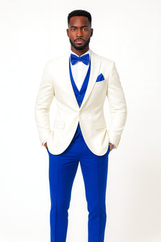 White and Royal Blue Tuxedo Wedding Suit - White Dinner Jacket + Vest + Pants + Bow-tie White and Royal Blue / 44 Long Jacket+38 Waist Adjust 34 to 40 White and Royal Blue Tuxedo Wedding Suit - White Dinner Jacket + Vest + Pants + Bow-tie White and Royal Blue / 44 Long Jacket+38 Waist Adjust 34 to 40