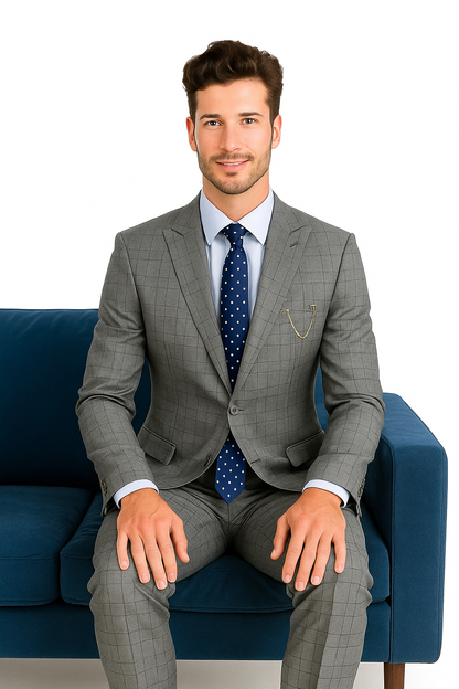 Catania Collection - Modern Fit Windowpane Suit 2 Piece in Medium Gray - Image 6