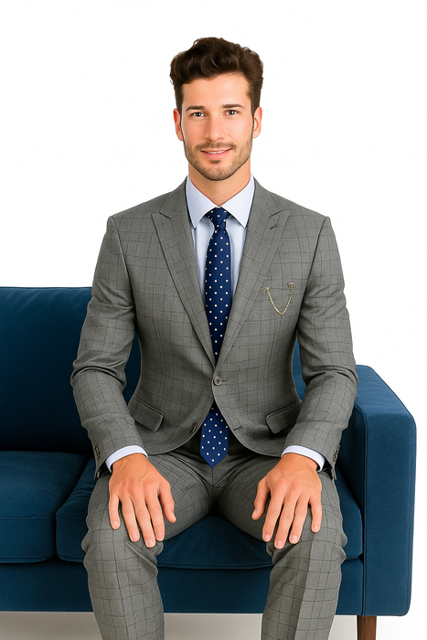 Catania Collection - Modern Fit Windowpane Suit 2 Piece in Medium Gray