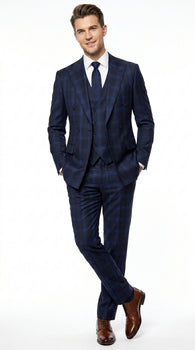 Men’s Indigo Sapphire Blue Plaid 3 Piece Suit with Double Breasted Vest, Slim Fit Windowpane Suit