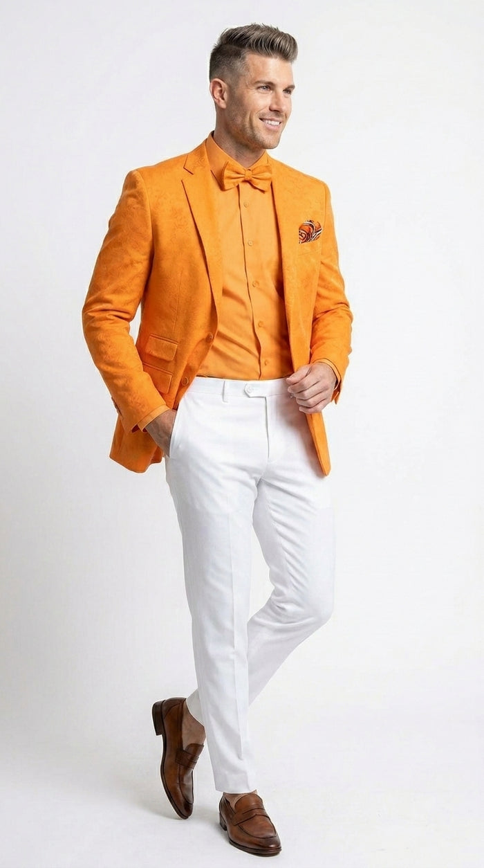 Men’s Mango Orange Blazer White Pants Formal Outfit