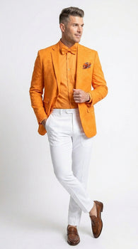 Men’s Mango Orange Blazer with Matching Shirt and Bow Tie, White Pants Formal Outfit