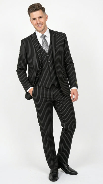 Men’s Jet Liquid Black Suit with White Pinstripes, 2 Button Vested Formal Dress Suit Modern Fit