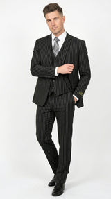 Men’s Jet Liquid Black Suit with White Pinstripes, 2 Button Vested Formal Dress Suit Modern Fit