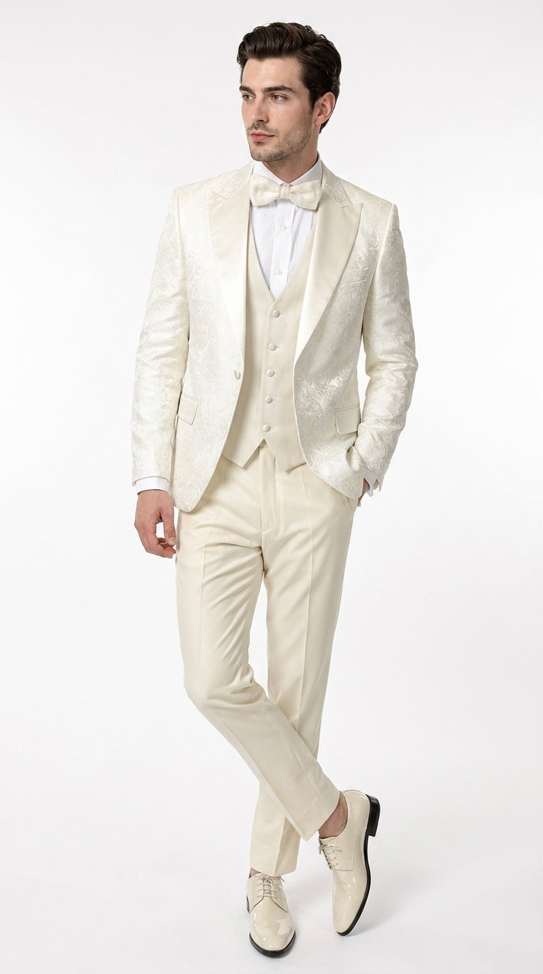 Men’s Champagne Ivory Paisley Dinner Jacket with Bow Tie, Off White Floral Formal Blazer