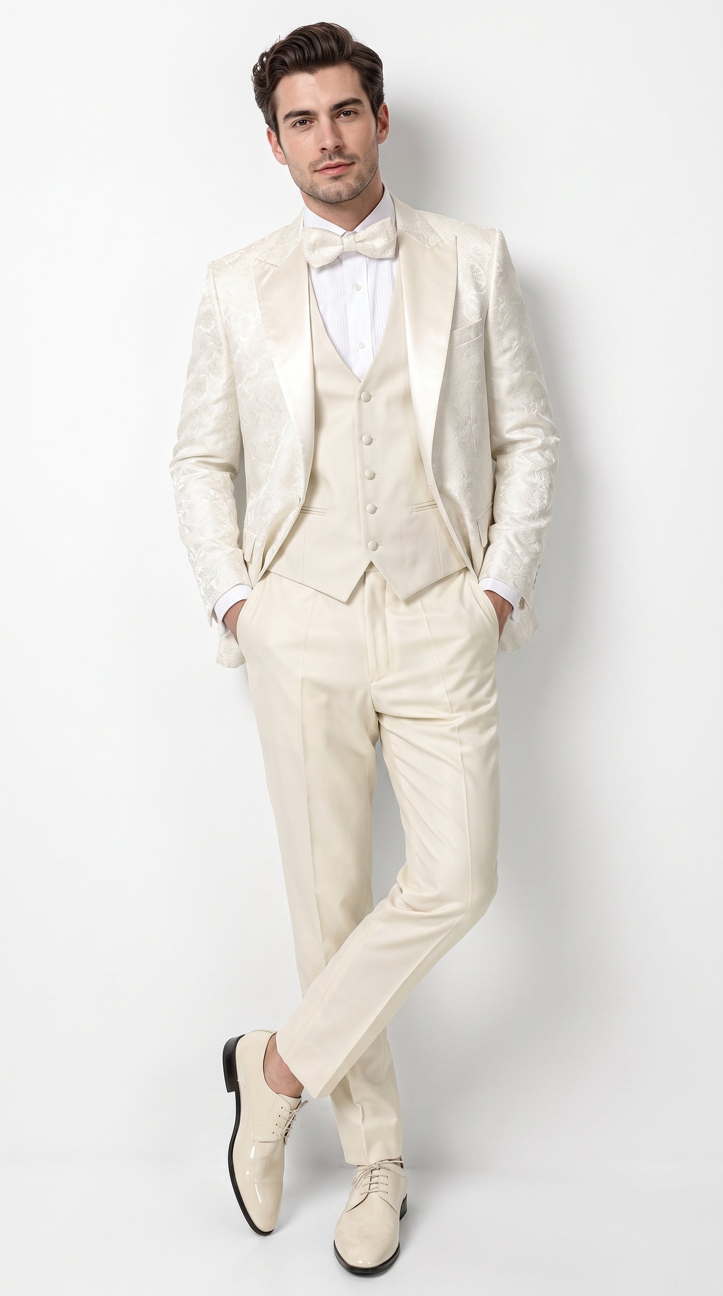 Men’s Champagne Ivory Paisley Dinner Jacket with Bow Tie, Off White Floral Formal Blazer