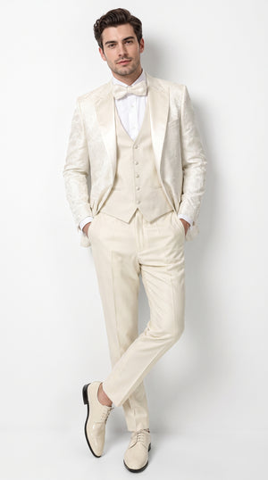 Men’s Champagne Ivory Paisley Dinner Jacket with Bow Tie, Off White Floral Formal Blazer
