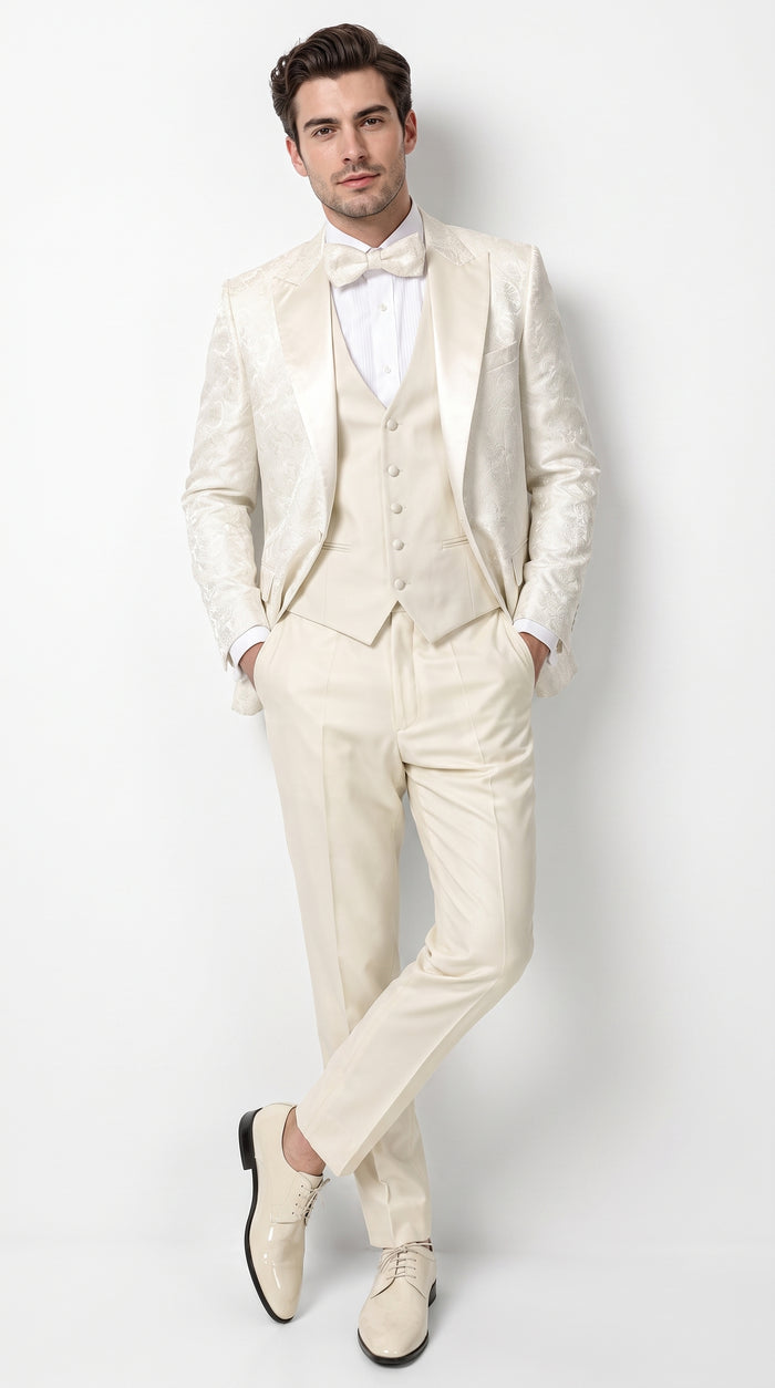 Men’s Champagne Ivory Paisley Dinner Jacket with Bow Tie, Off White Floral Formal Blazer