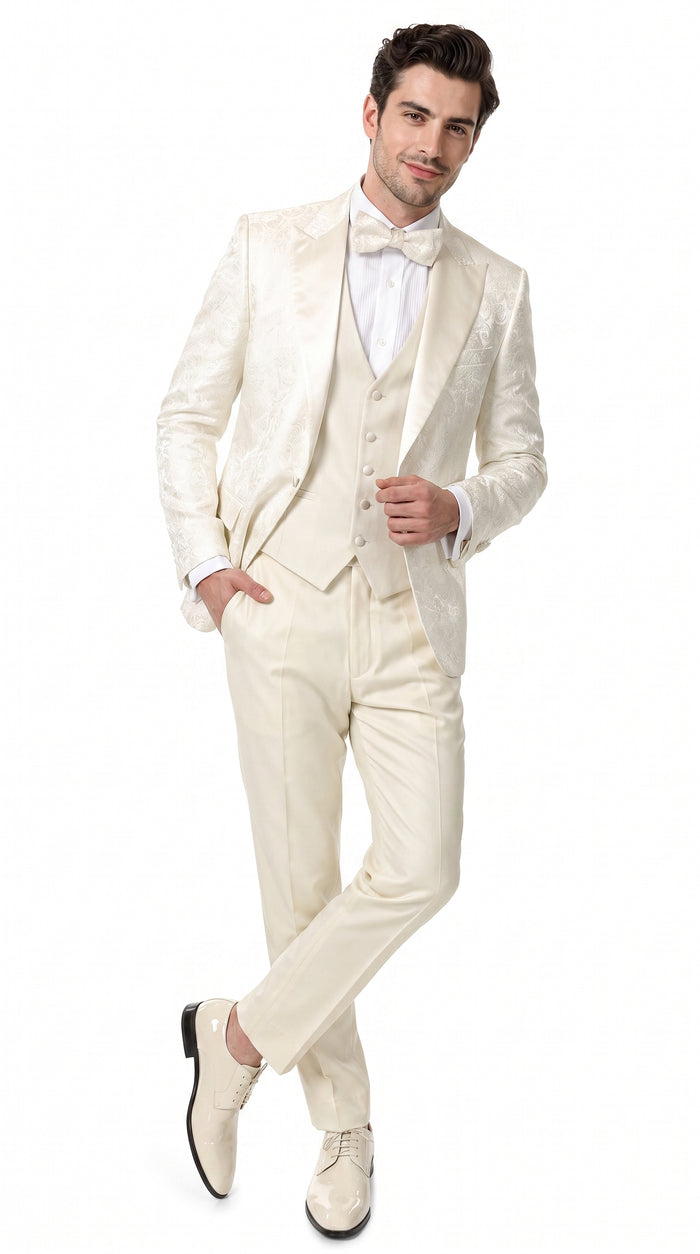 Men’s Champagne Ivory Paisley Dinner Jacket with Bow Tie, Off White Floral Formal Blazer