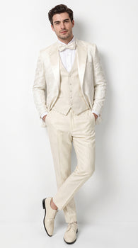 Men’s Champagne Ivory Paisley Dinner Jacket with Bow Tie, Off White Floral Formal Blazer