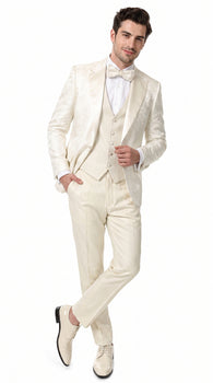 Men’s Champagne Ivory Paisley Dinner Jacket with Bow Tie, Off White Floral Formal Blazer