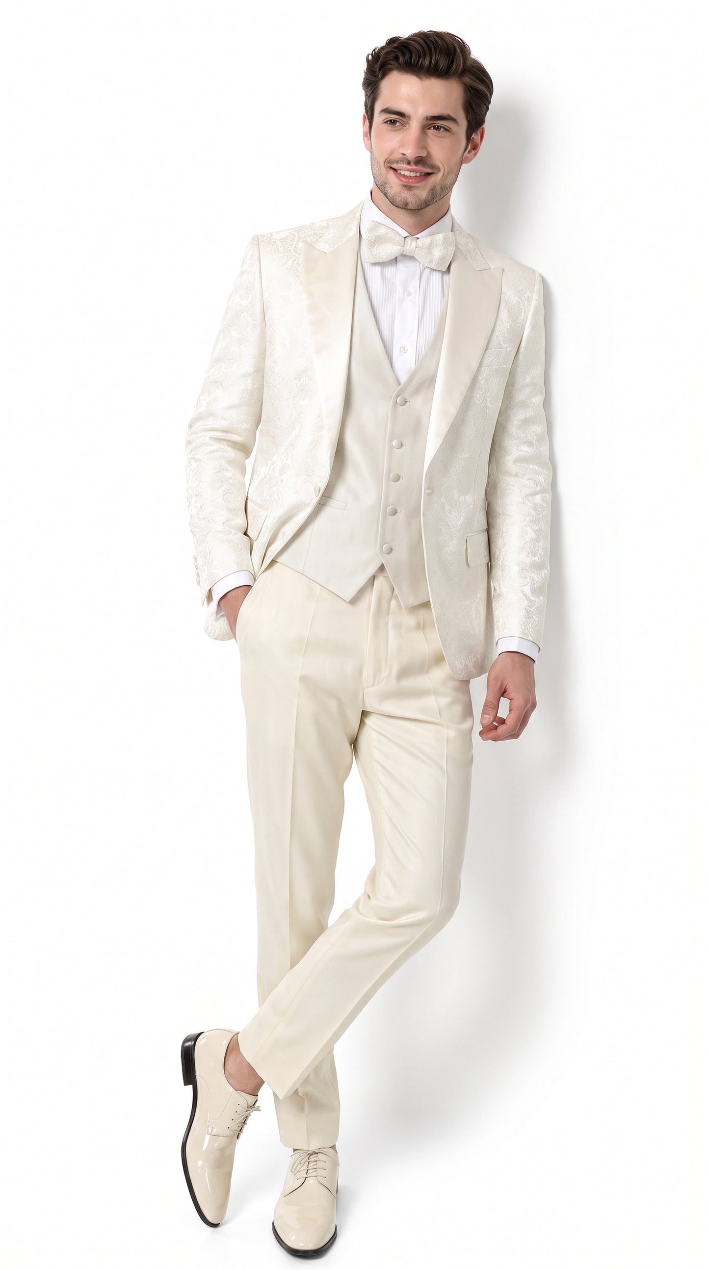 Men’s Champagne Ivory Paisley Dinner Jacket with Bow Tie, Off White Floral Formal Blazer