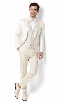 Men’s Champagne Ivory Paisley Dinner Jacket with Bow Tie, Off White Floral Formal Blazer
