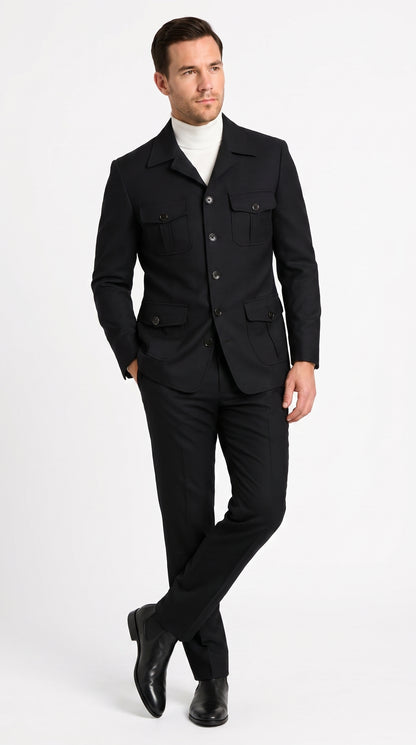Men’s Black Safari Walking Suit, Utility Jacket and Trousers Casual Dress Set