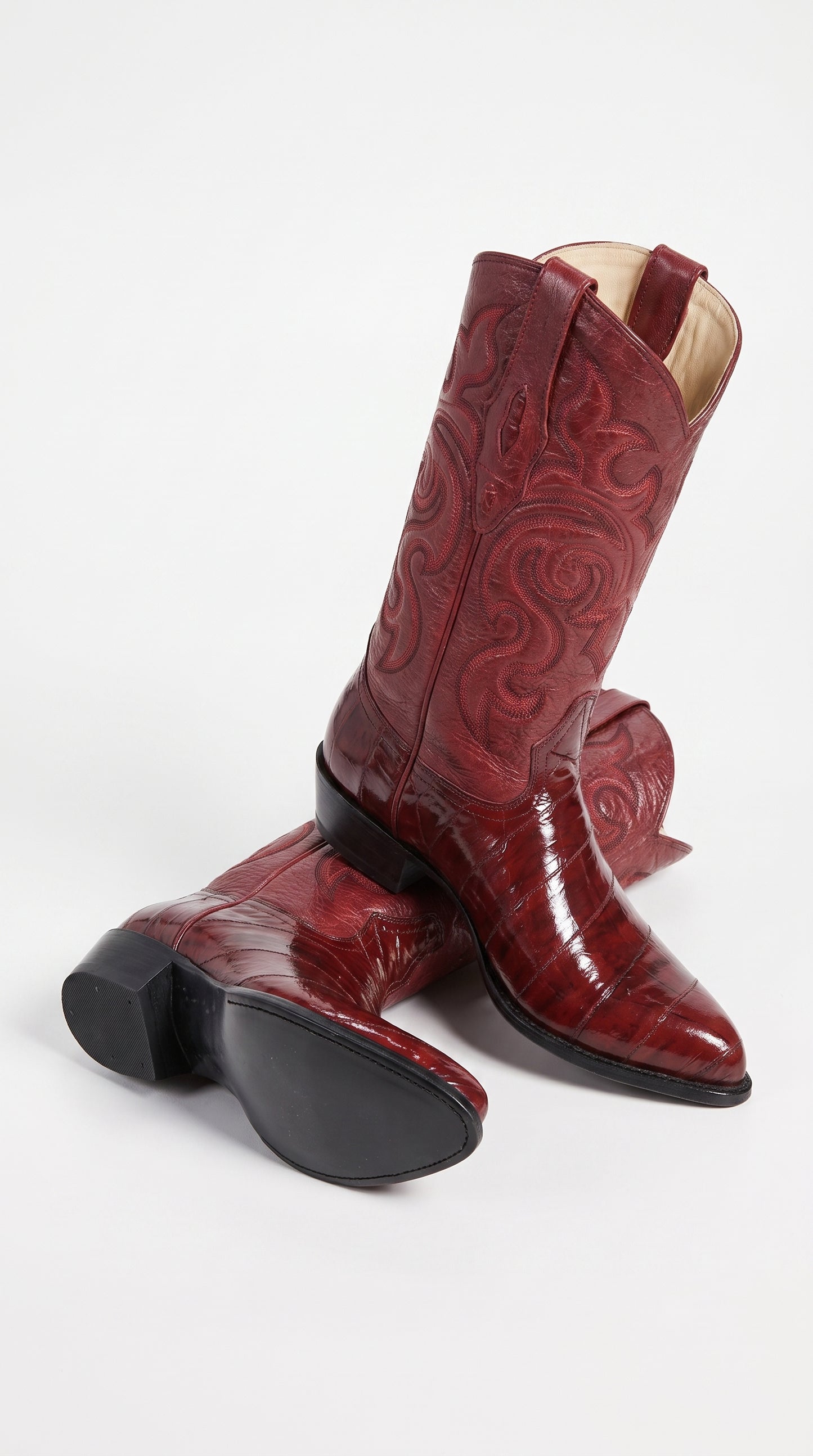 Men’s Burgundy Eel Skin Western Boots, Original Puntal Toe Cowboy Dress Boots