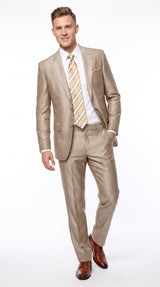 Men’s Tan Shiny Sharkskin 2 Button Suit, Peak Lapel Formal Wedding Business Dress Suit Modern Fit