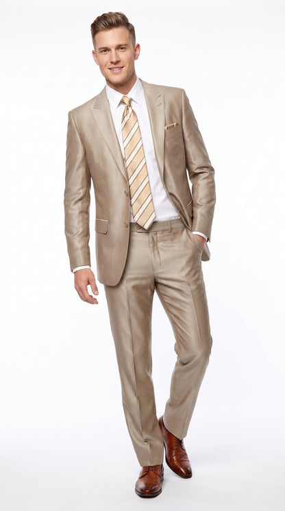 Men’s Tan Shiny Sharkskin 2 Button Suit, Peak Lapel Formal Wedding Business Dress Suit Modern Fit