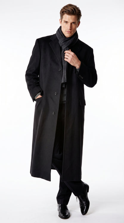 Alberto Nardoni Men’s Black Full Length Cashmere Blend Overcoat, Loro Piana Fabric Winter Dress Topcoat