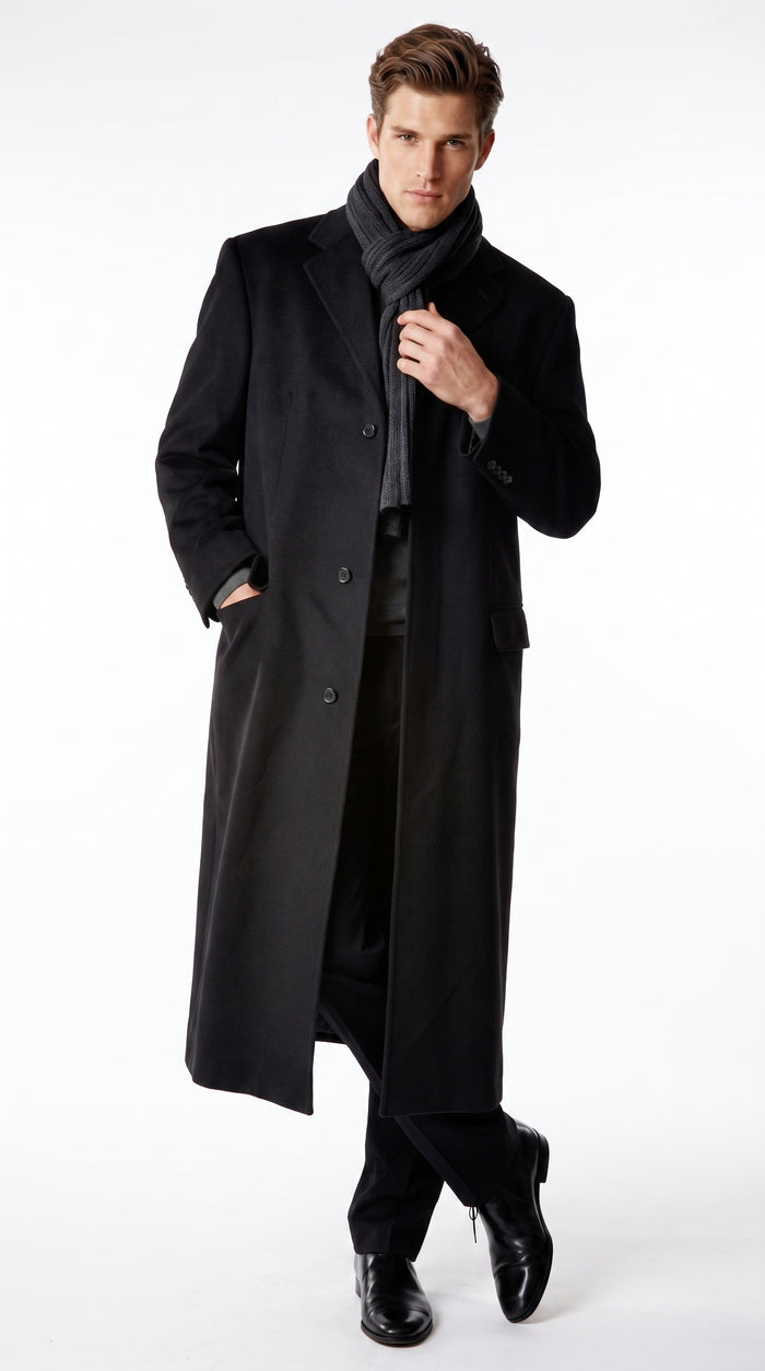 Alberto Nardoni Men’s Black Full Length Cashmere Blend Overcoat, Loro Piana Fabric Winter Dress Topcoat