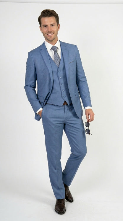 Men’s Ice Blue 3 Piece Suit with Vest, Formal Wedding Prom Dress Suit Modern Fit