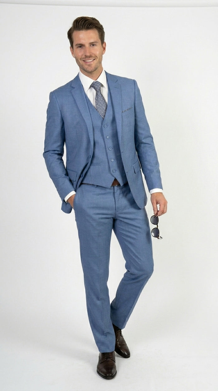 Men’s Ice Blue 3 Piece Suit with Vest, Formal Wedding Prom Dress Suit Modern Fit