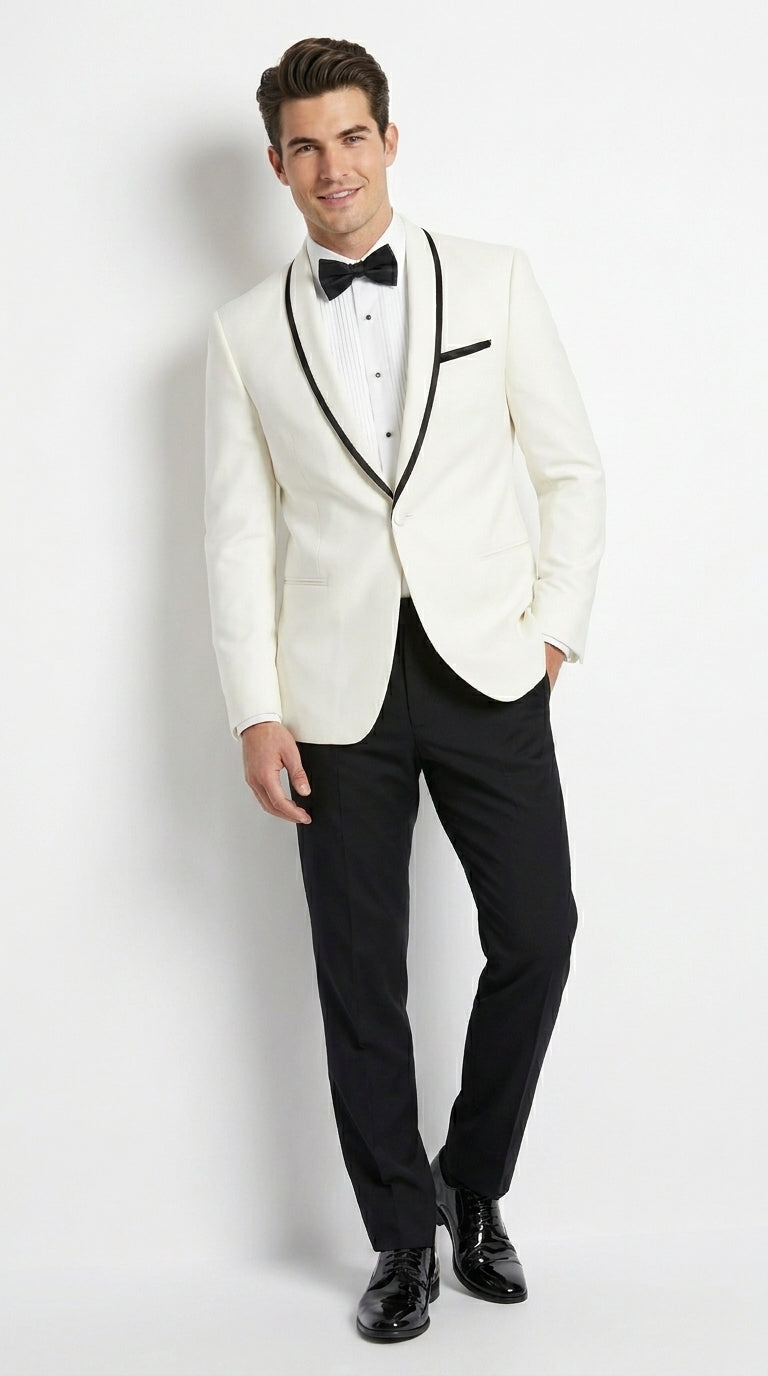 Men’s One Button Ivory Tuxedo Suit with Black Trim, Formal Wedding Prom Dinner Jacket