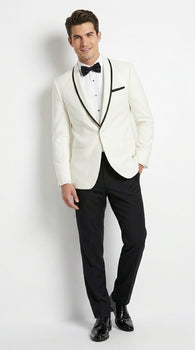 Men’s One Button Ivory Tuxedo Suit with Black Trim, Formal Wedding Prom Dinner Jacket