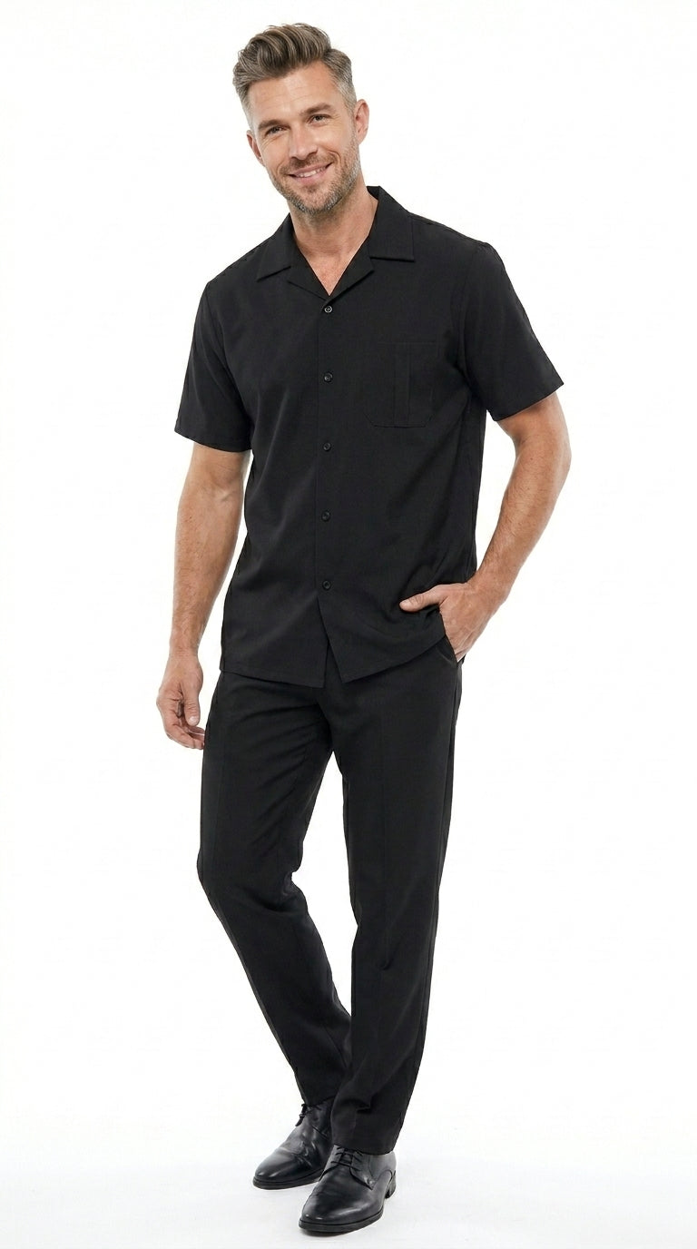 Men’s Black Big and Tall Walking Suit with Short Sleeve Shirt and Matching Pants, Casual Suit up to 6XL