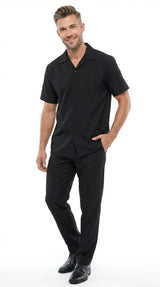 Men’s Black Big and Tall Walking Suit with Short Sleeve Shirt and Matching Pants, Casual Suit up to 6XL
