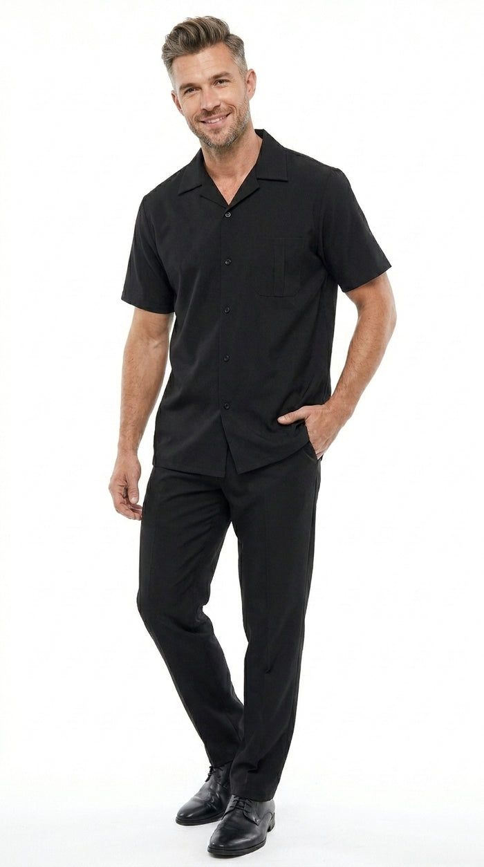 Men’s Black Big and Tall Walking Suit with Short Sleeve Shirt and Matching Pants, Casual Suit up to 6XL
