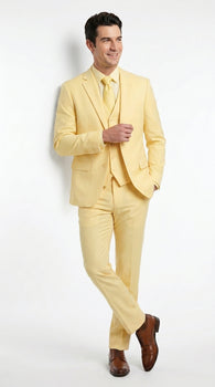 Men’s Yellow Seersucker 3 Piece Suit, 100% Cotton Summer Wedding Dress Suit