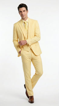 Men’s Yellow Seersucker 3 Piece Suit, 100% Cotton Summer Wedding Dress Suit