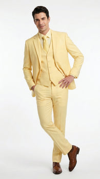 Men’s Yellow Seersucker 3 Piece Suit, 100% Cotton Summer Wedding Dress Suit