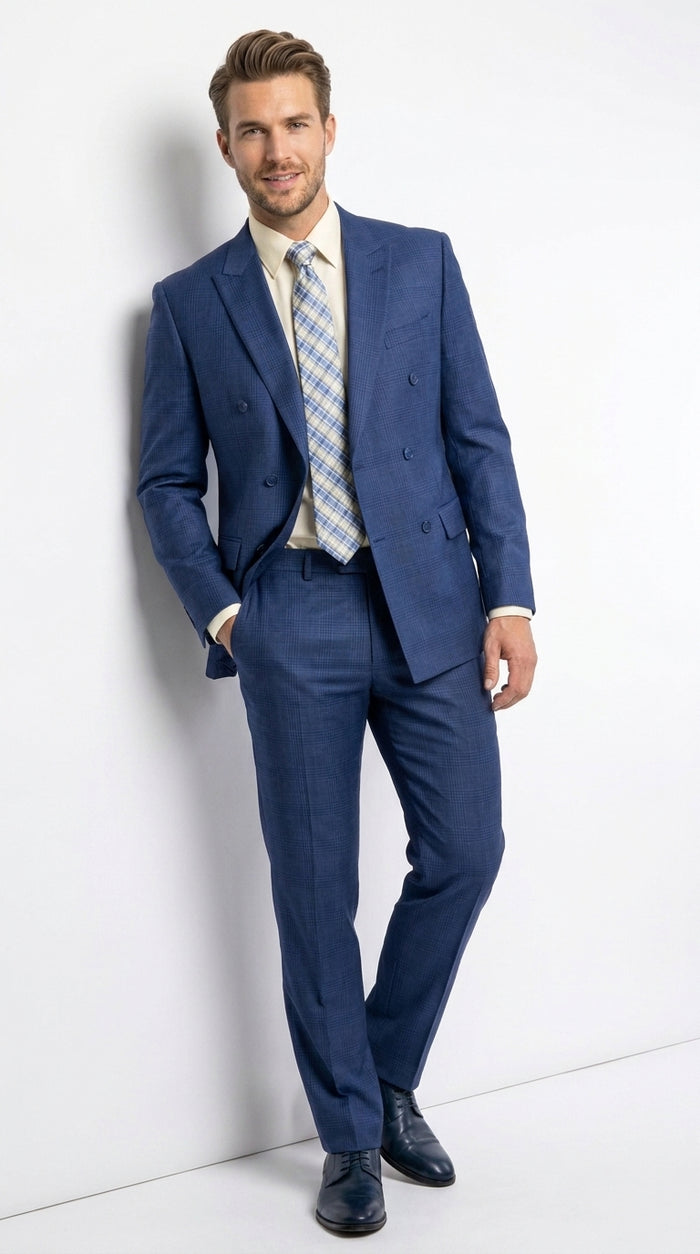 Vinci Men’s Blue Double Breasted Glen Plaid 2 Piece Suit, Formal Wedding Business Dress Suit Modern Fit