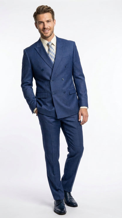 Vinci Men’s Blue Double Breasted Glen Plaid 2 Piece Suit, Formal Wedding Business Dress Suit Modern Fit