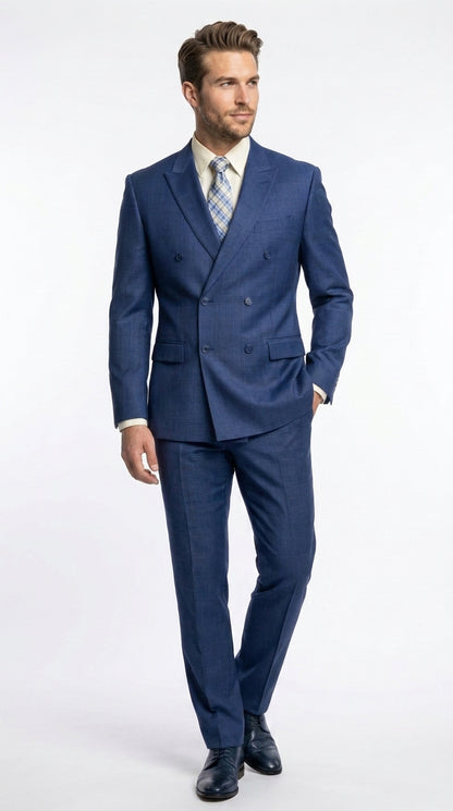 Vinci Men’s Blue Double Breasted Glen Plaid 2 Piece Suit, Formal Wedding Business Dress Suit Modern Fit