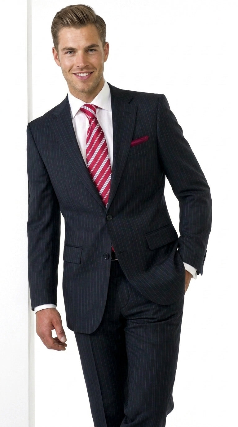 Men’s Black Pinstripe 2 Button Business Suit, Affordable 2 Piece Formal Dress Suit Clearance Sale