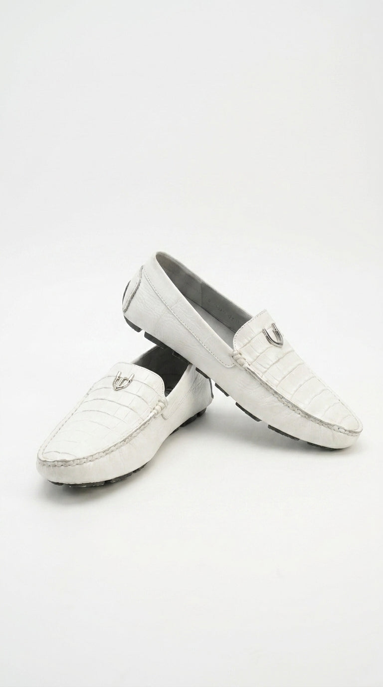 Men’s White Vestigium Genuine Caiman Belly Loafers, Alligator Style Dress Shoes