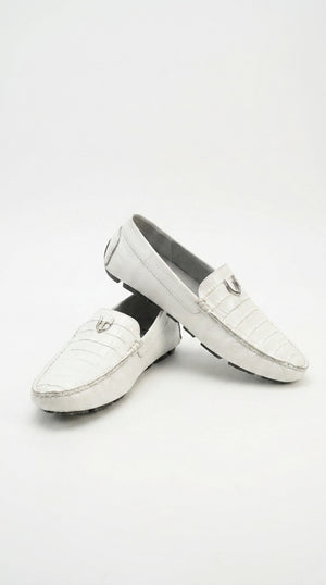 Men’s White Vestigium Genuine Caiman Belly Loafers, Alligator Style Dress Shoes