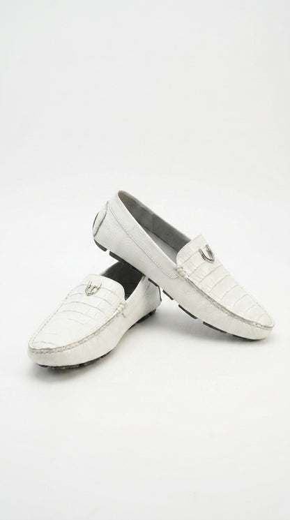 Men’s White Vestigium Genuine Caiman Belly Loafers, Alligator Style Dress Shoes